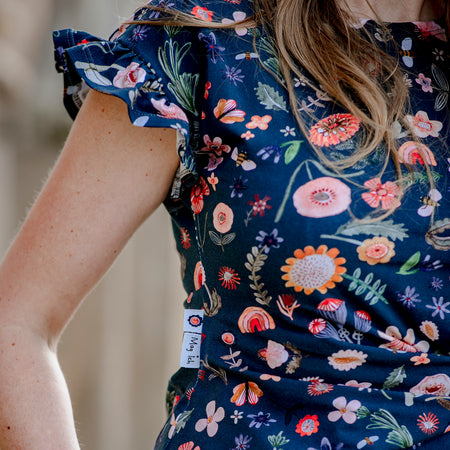 Reststück 29 cm - Fairtrade Biojersey Blümli Marine (GOTS)