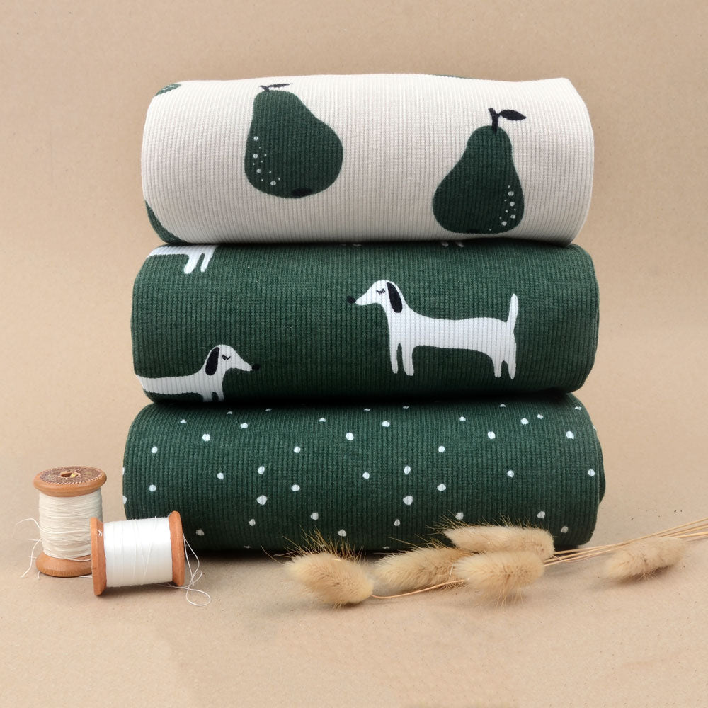 Jersey côtelé bio équitable à pois vert forêt