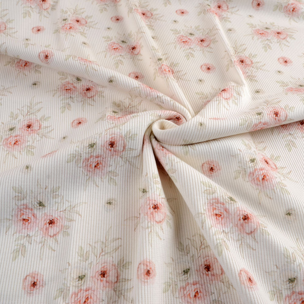 Jersey côtelé bio équitable à roses roses