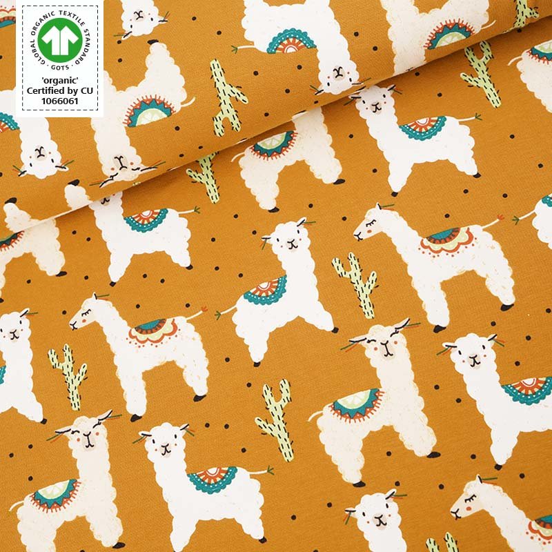 Reststück 25 cm - Fairtrade Biojersey Alpakas messing (GOTS)