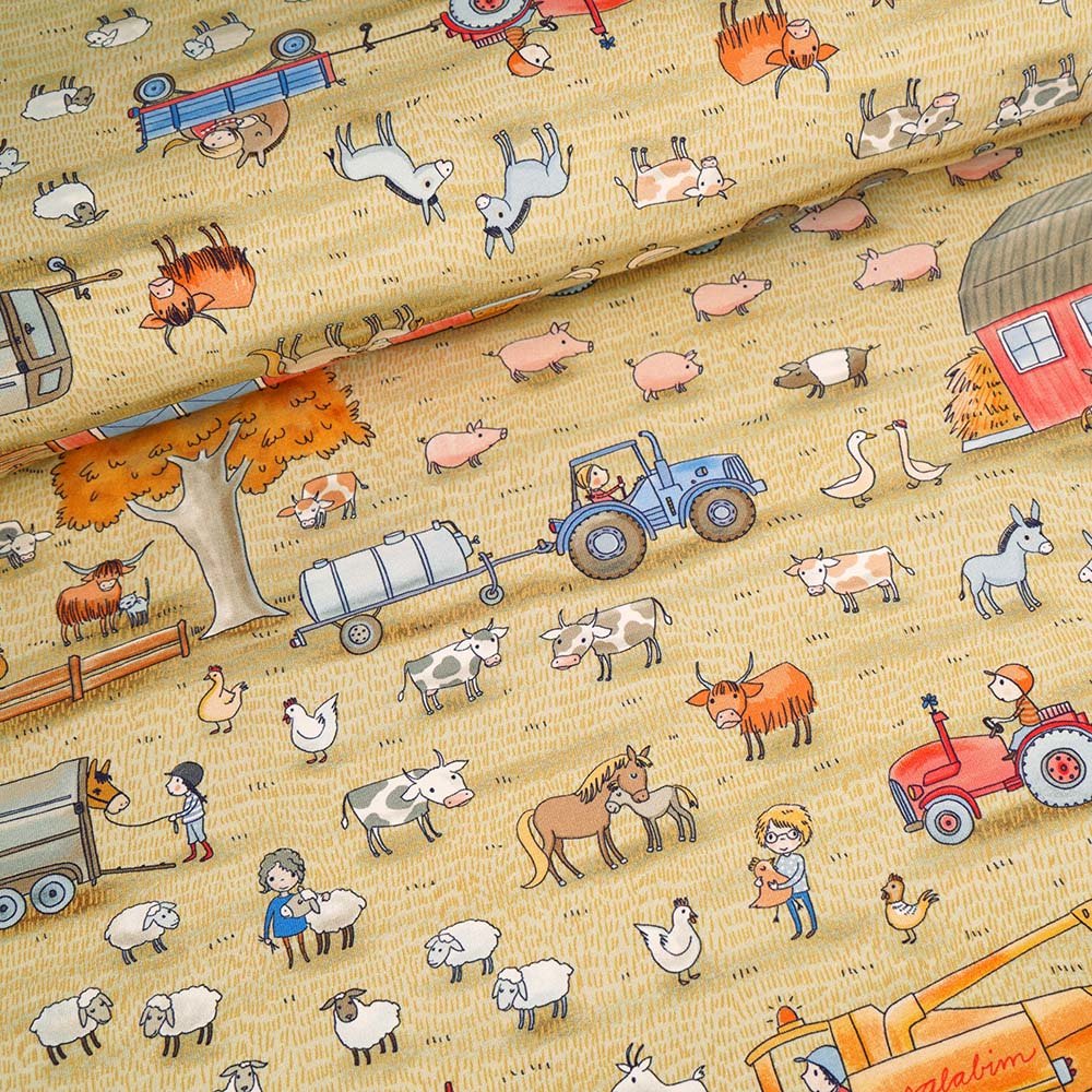 Reststück 43 cm - Fairtrade Biojersey Susalabims Bauernhof (GOTS)