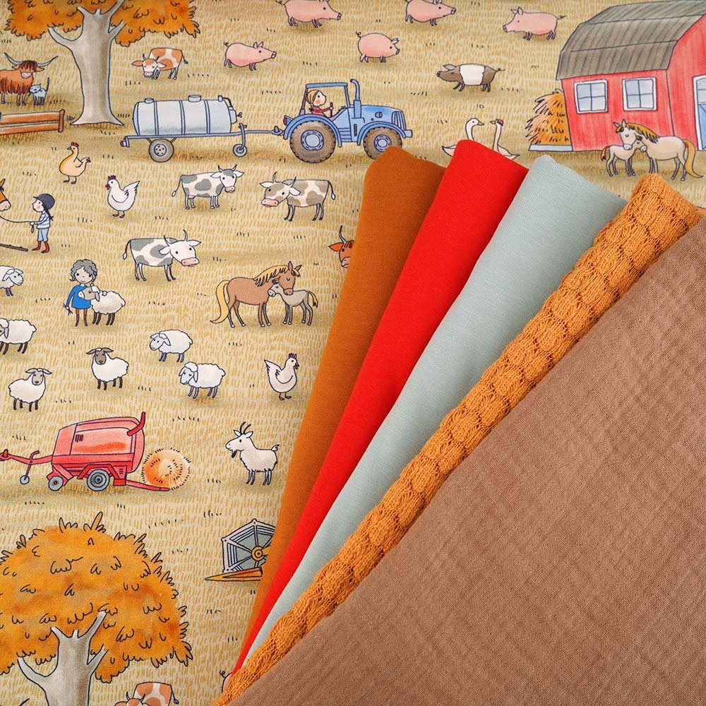 Reststück 43 cm - Fairtrade Biojersey Susalabims Bauernhof (GOTS)