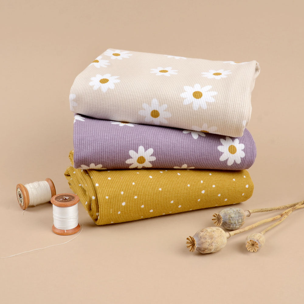 jersey côtelé bio équitable à motif marguerite sable