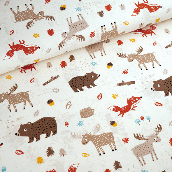 Fairtrade Biojersey Fuchs, Elch und Bär - vanille